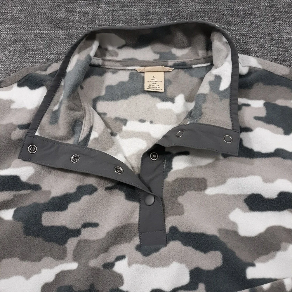 Duluth Pullover Sweater Men Size L Camouflage Snap Buttons Outdoor Fleece Gray